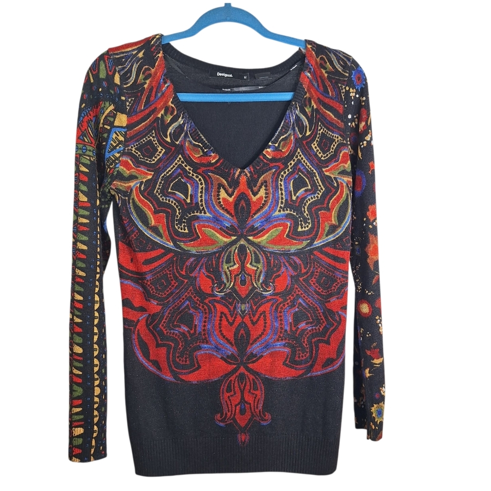Desigual Metallic Glitter Sweater Womens Medium Floral Abstract Rhinestones